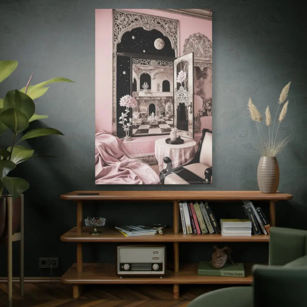 Fantasy Frames & Floral Lace Pink & Black Quaint 3D Matte Canvas Print — 3D Laced Multi-Dimensional Wall Art Canvas