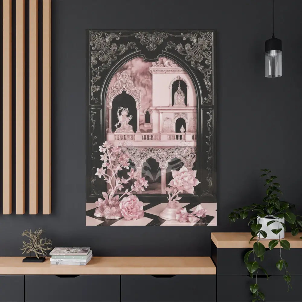 Fantasy Frames & Floral Lace Pink & Black Quaint 3D Matte Canvas Print — 3D Laced Multi-Dimensional Wall Art Canvas