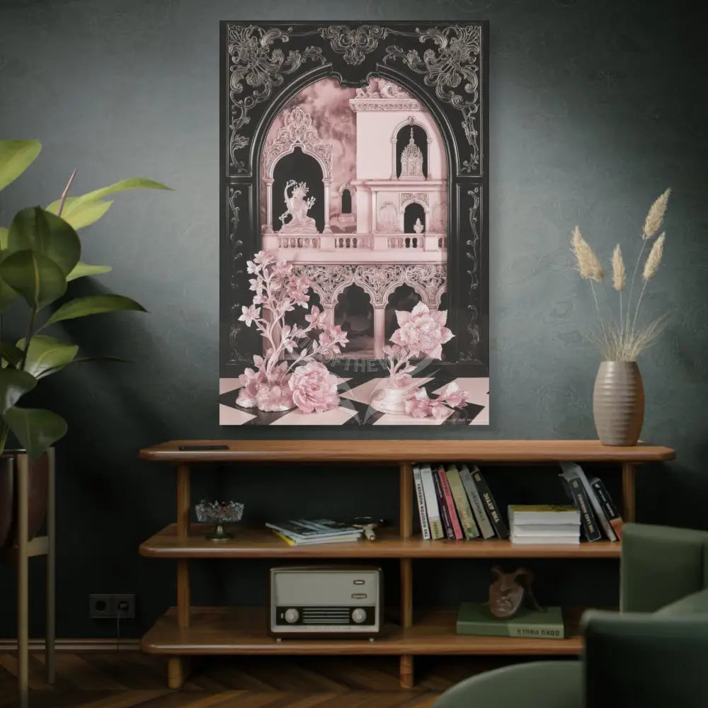 Fantasy Frames & Floral Lace Pink & Black Quaint 3D Matte Canvas Print — 3D Laced Multi-Dimensional Wall Art Canvas
