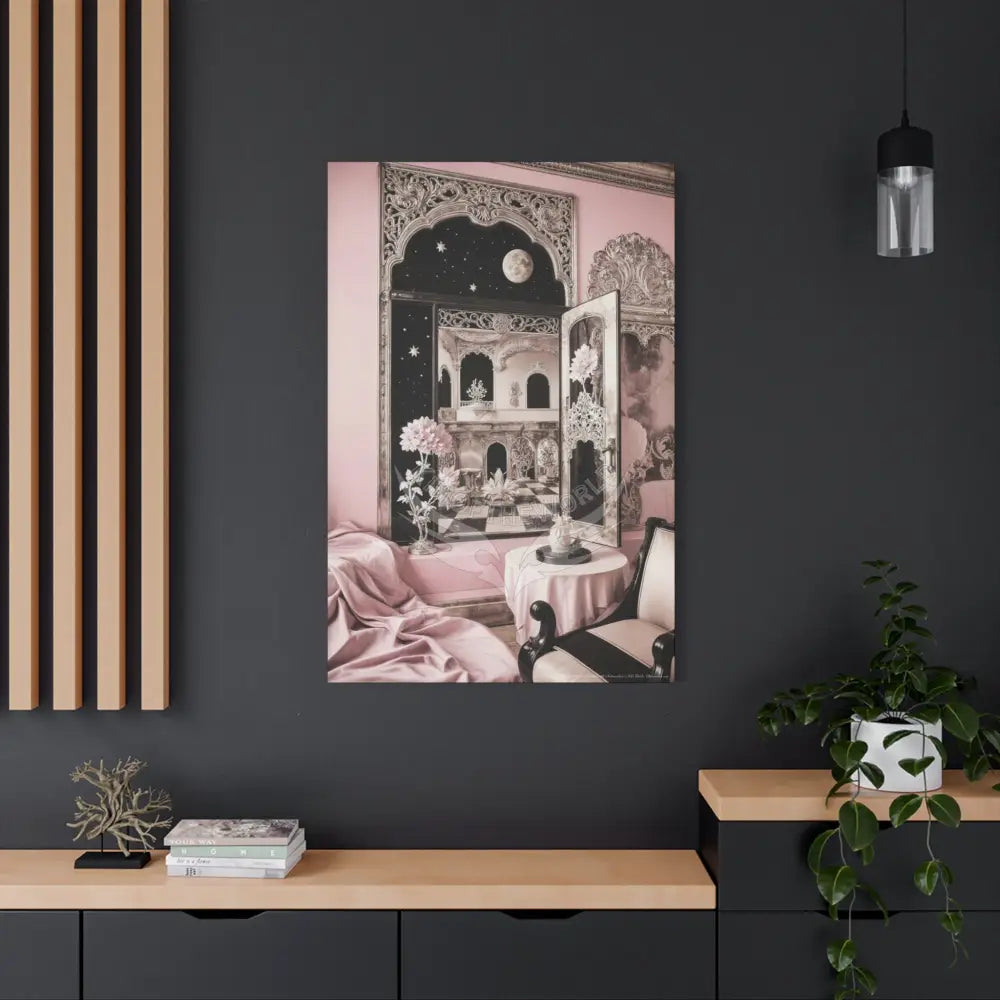 Fantasy Frames & Floral Lace Pink & Black Quaint 3D Matte Canvas Print — 3D Laced Multi-Dimensional Wall Art Canvas