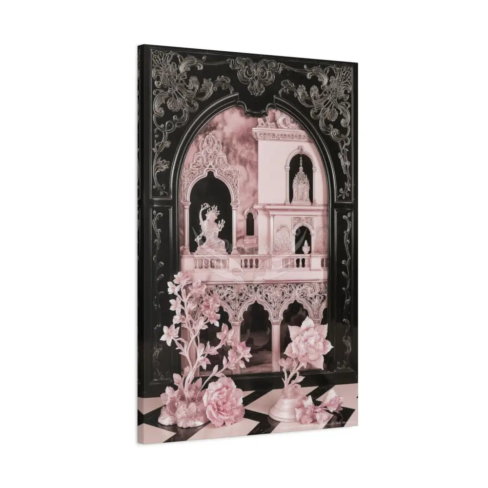 Fantasy Frames & Floral Lace Pink & Black Quaint 3D Matte Canvas Print — 3D Laced Multi-Dimensional Wall Art Canvas