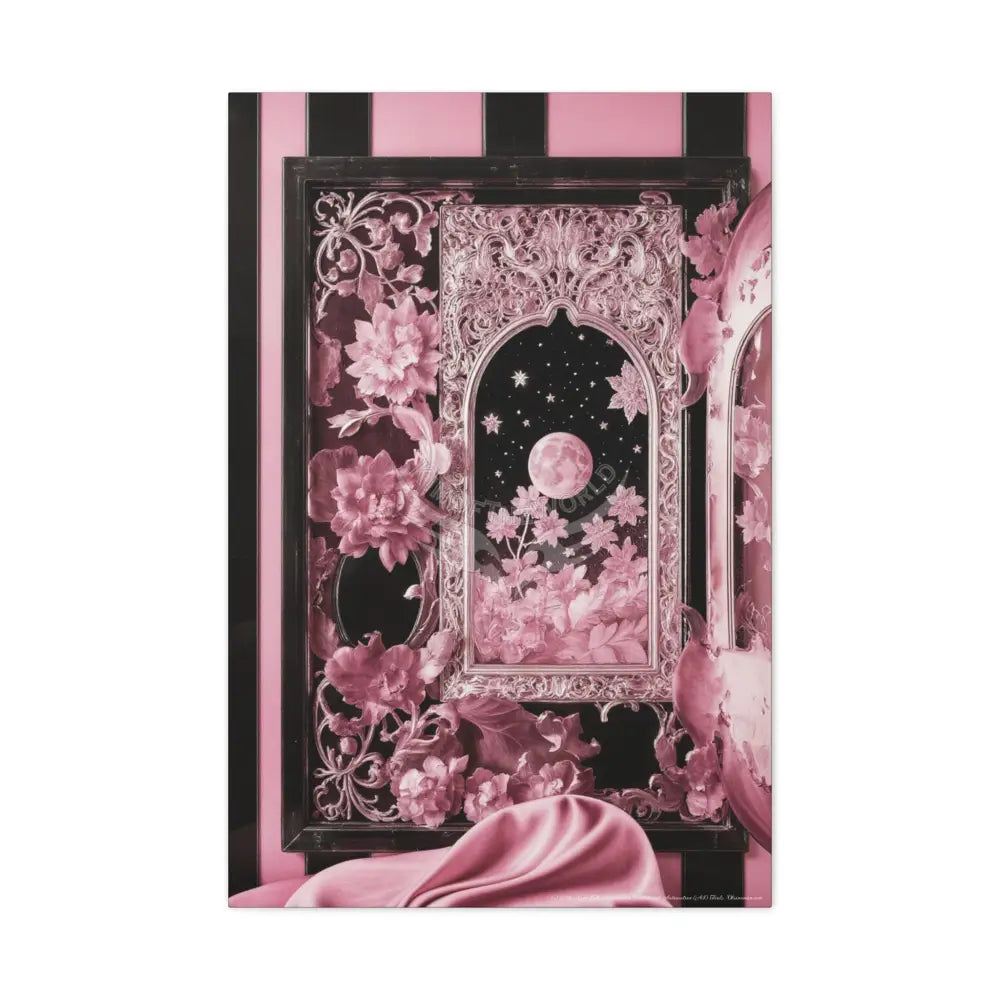 Fantasy Frames & Floral Lace Satin Pink Quaint 3D Matte Canvas Print — 3D Laced Multi-Dimensional Wall Art 24’’ x 36’’