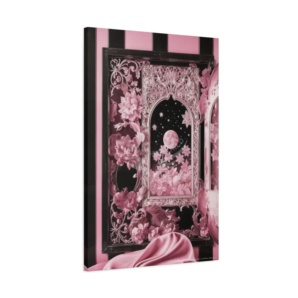 Fantasy Frames & Floral Lace Satin Pink Quaint 3D Matte Canvas Print — 3D Laced Multi-Dimensional Wall Art Canvas