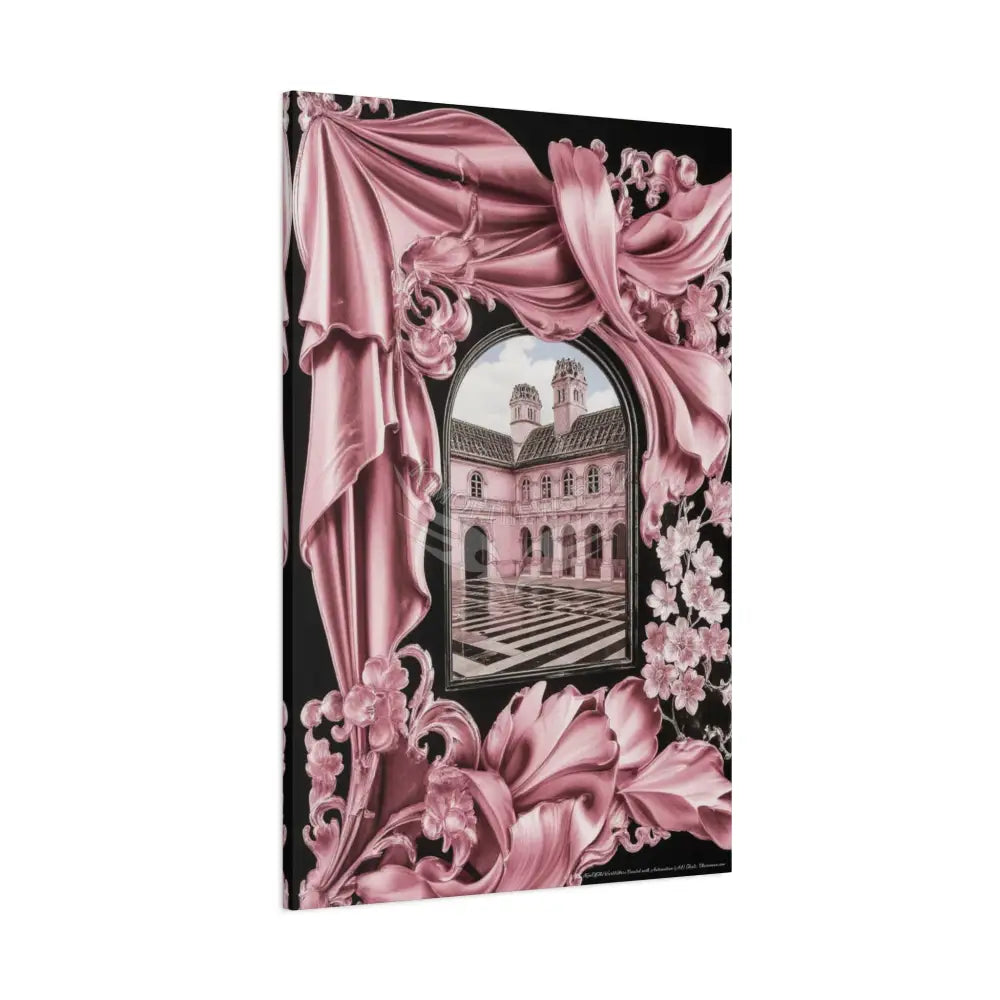 Fantasy Frames & Floral Lace Satin Pink Quaint 3D Matte Canvas Print — 3D Laced Multi-Dimensional Wall Art Canvas