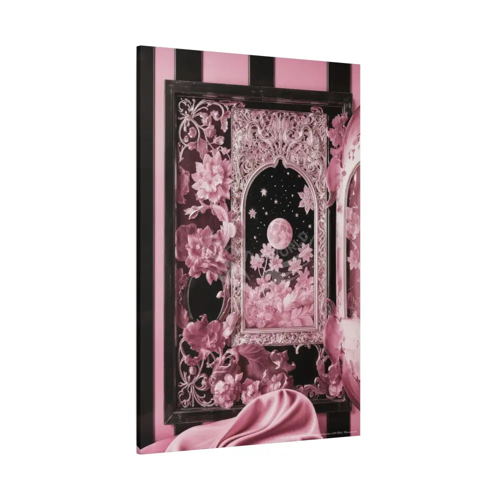 Fantasy Frames & Floral Lace Satin Pink Quaint 3D Matte Canvas Print — 3D Laced Multi-Dimensional Wall Art Canvas