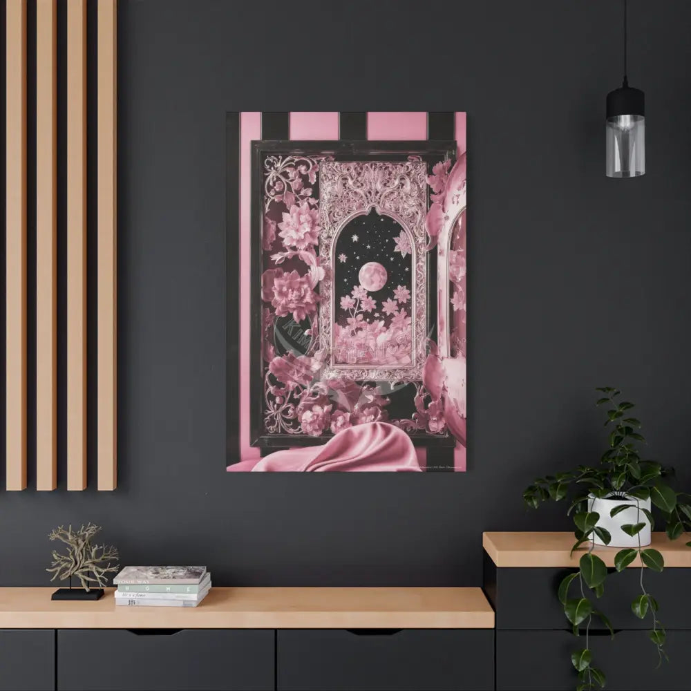 Fantasy Frames & Floral Lace Satin Pink Quaint 3D Matte Canvas Print — 3D Laced Multi-Dimensional Wall Art Canvas