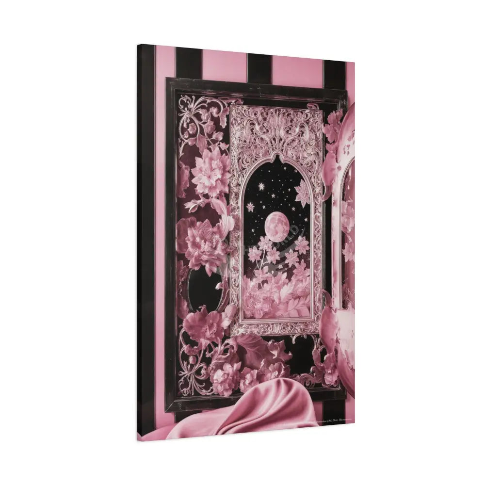 Fantasy Frames & Floral Lace Satin Pink Quaint 3D Matte Canvas Print — 3D Laced Multi-Dimensional Wall Art Canvas