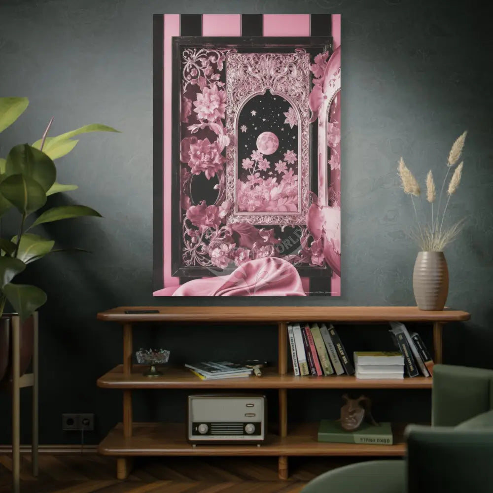Fantasy Frames & Floral Lace Satin Pink Quaint 3D Matte Canvas Print — 3D Laced Multi-Dimensional Wall Art Canvas