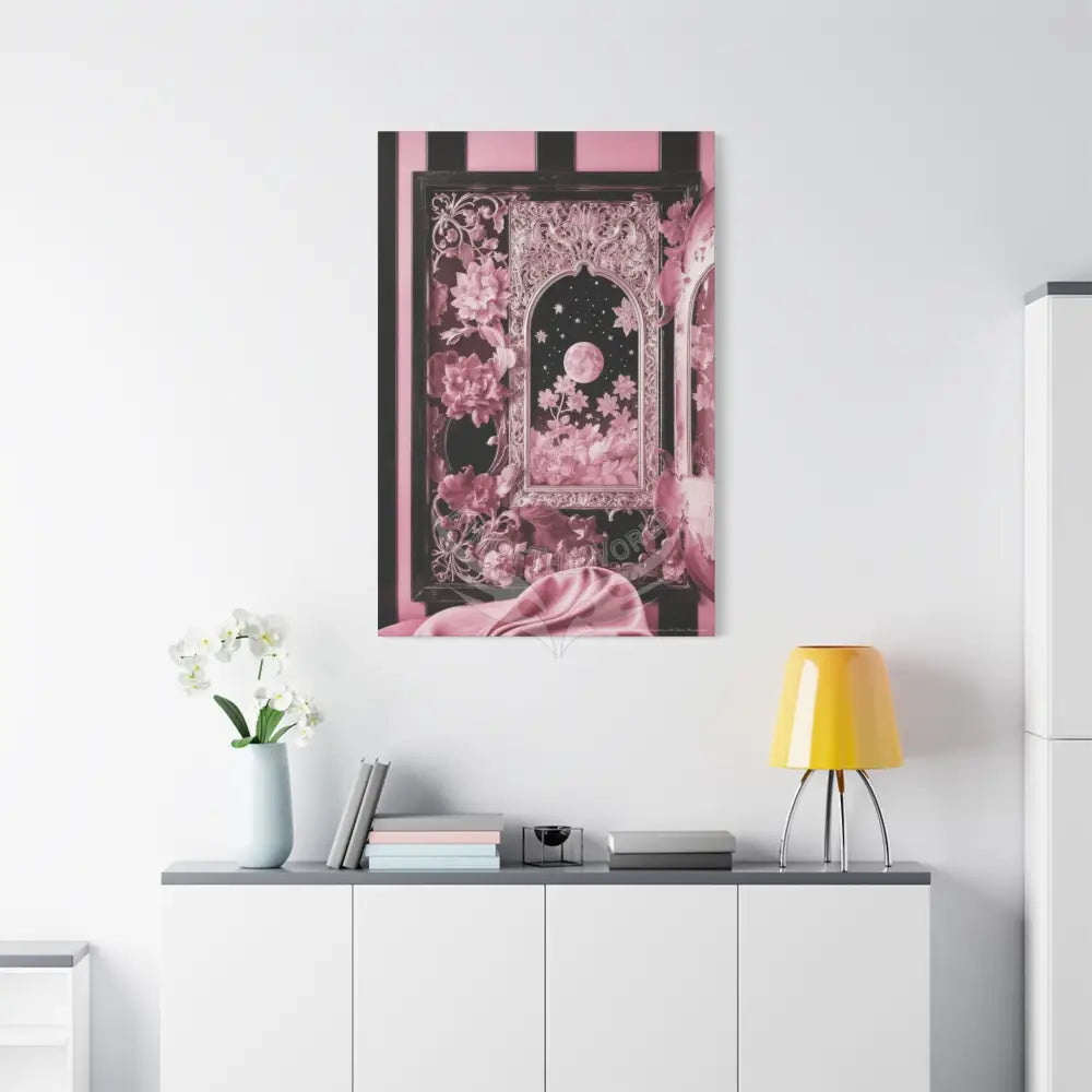 Fantasy Frames & Floral Lace Satin Pink Quaint 3D Matte Canvas Print — 3D Laced Multi-Dimensional Wall Art Canvas