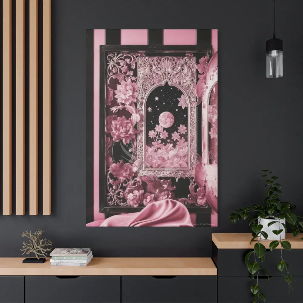 Fantasy Frames & Floral Lace Satin Pink Quaint 3D Matte Canvas Print — 3D Laced Multi-Dimensional Wall Art Canvas