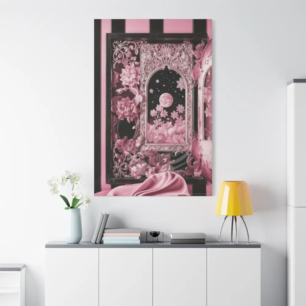 Fantasy Frames & Floral Lace Satin Pink Quaint 3D Matte Canvas Print — 3D Laced Multi-Dimensional Wall Art Canvas