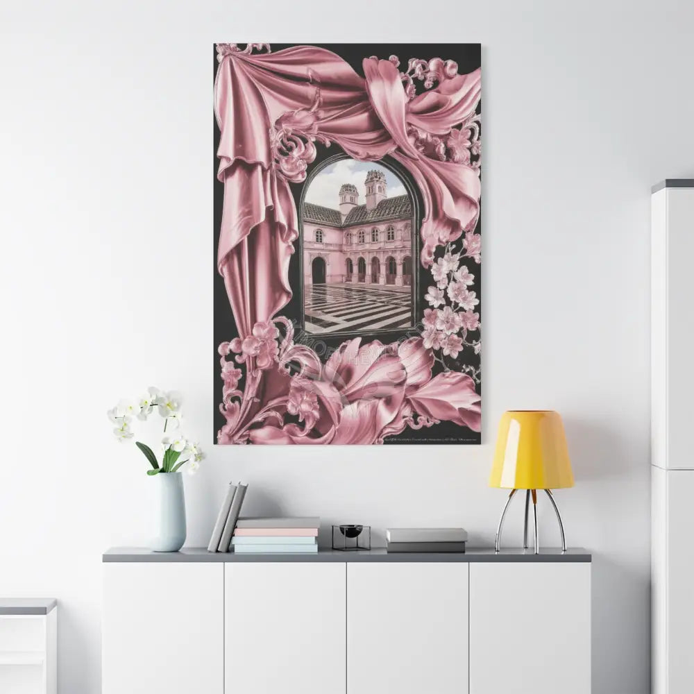 Fantasy Frames & Floral Lace Satin Pink Quaint 3D Matte Canvas Print — 3D Laced Multi-Dimensional Wall Art Canvas