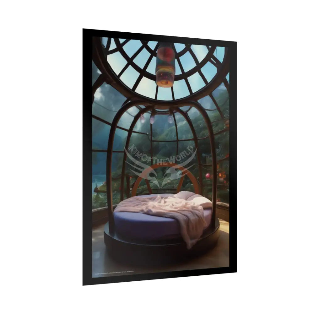 Fantasy Gothic Palace Beach Bed Interior Rolled Poster — Antique Bedroom with Scenic Window Views Poster