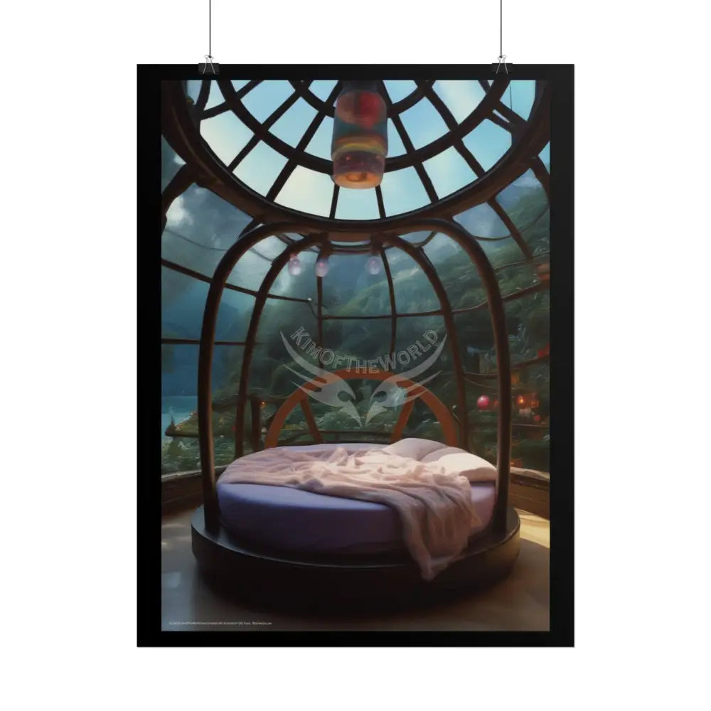 Fantasy Gothic Palace Beach Bed Interior Rolled Poster — Antique Bedroom with Scenic Window Views Poster