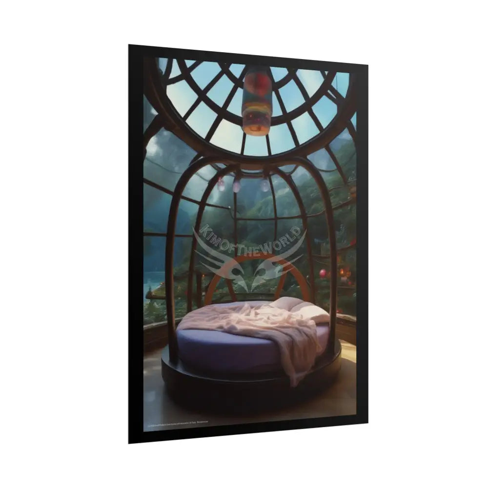 Fantasy Gothic Palace Beach Bed Interior Rolled Poster — Antique Bedroom with Scenic Window Views Poster