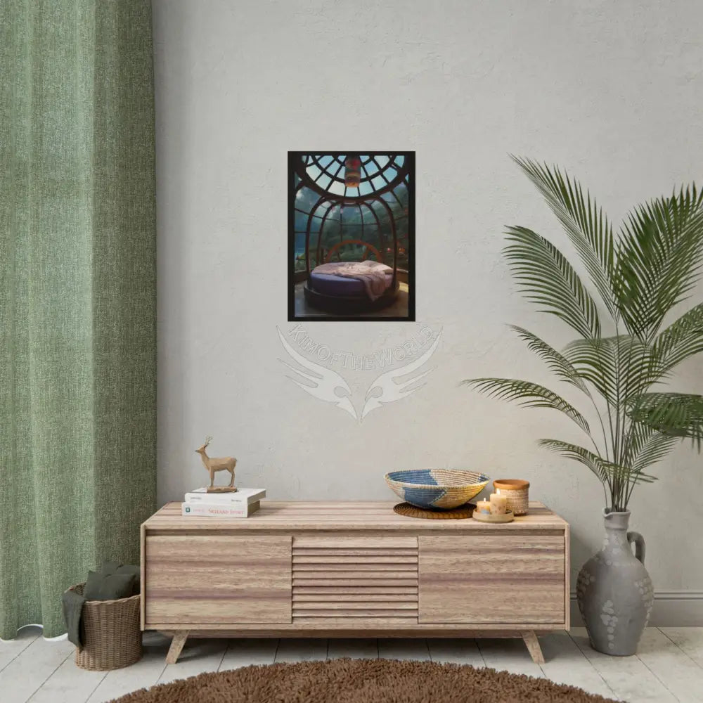 Fantasy Gothic Palace Beach Bed Interior Rolled Poster — Antique Bedroom with Scenic Window Views Poster
