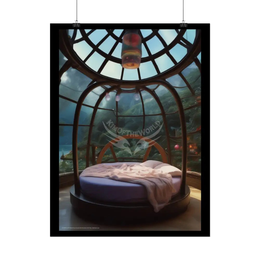 Fantasy Gothic Palace Beach Bed Interior Rolled Poster — Antique Bedroom with Scenic Window Views Poster