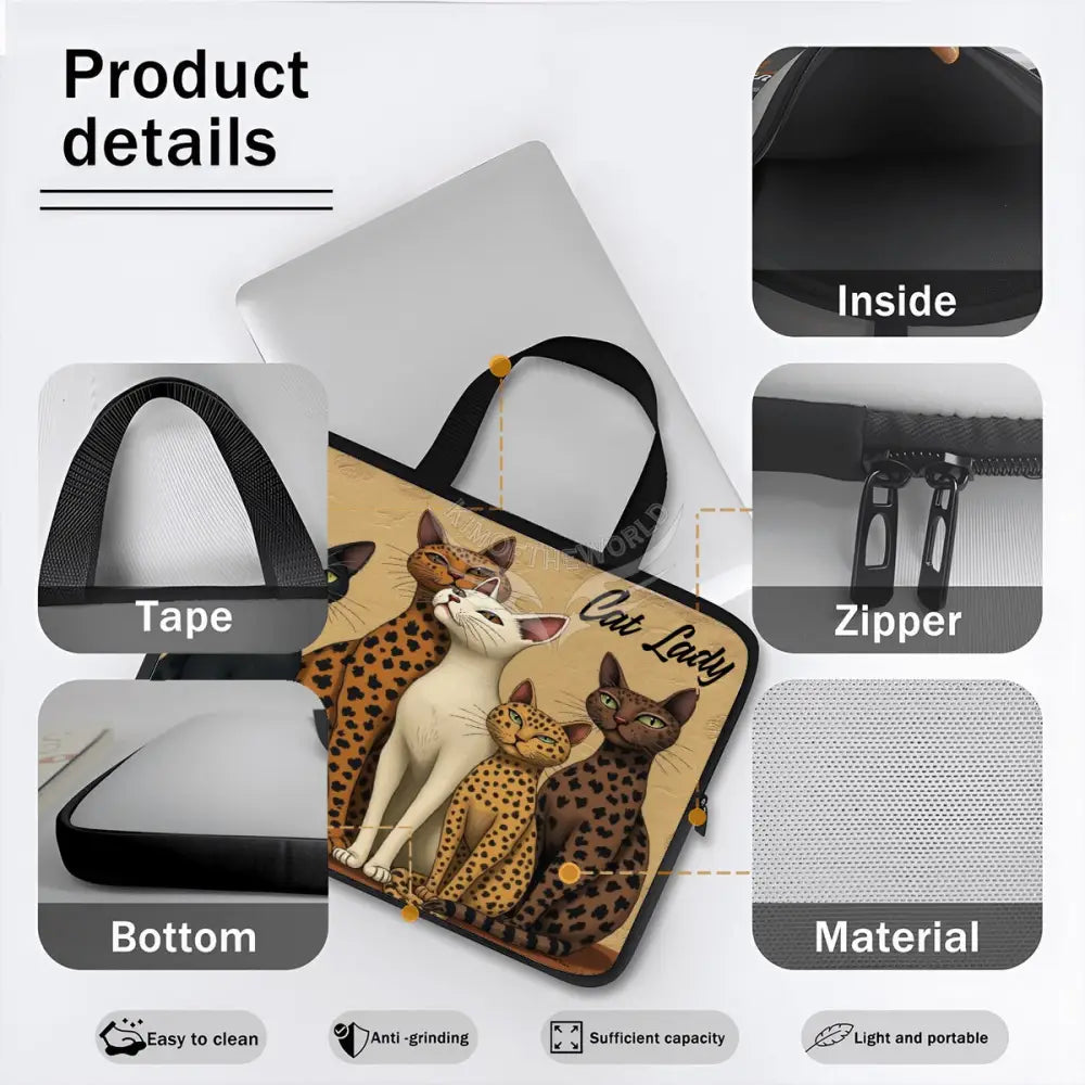Five Meow Cats 3D Cat Lady Laptop Bag Computer Bag