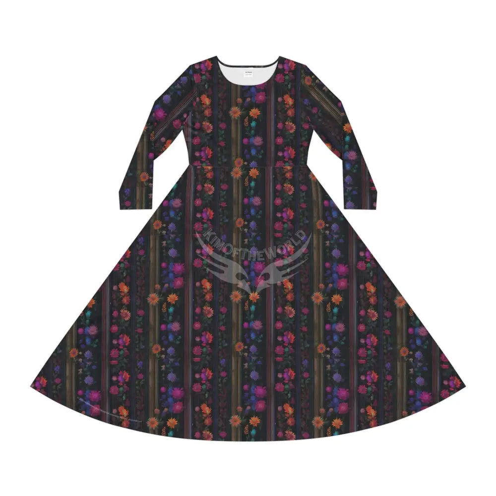 Floral Color Pin Stripe Wallpaper Print Dress – Women’s Long Sleeve AOP L All Over Prints