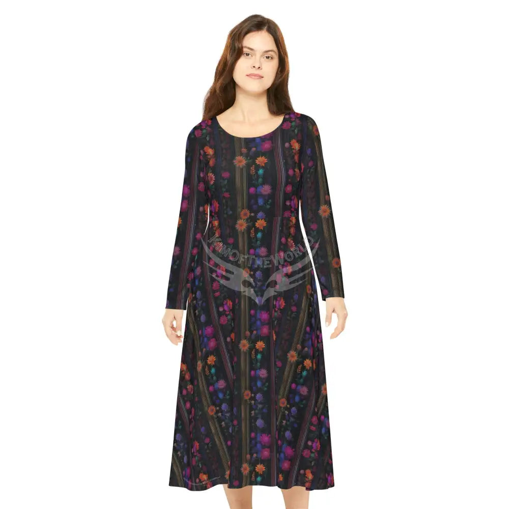 Floral Color Pin Stripe Wallpaper Print Dress – Women’s Long Sleeve AOP L All Over Prints