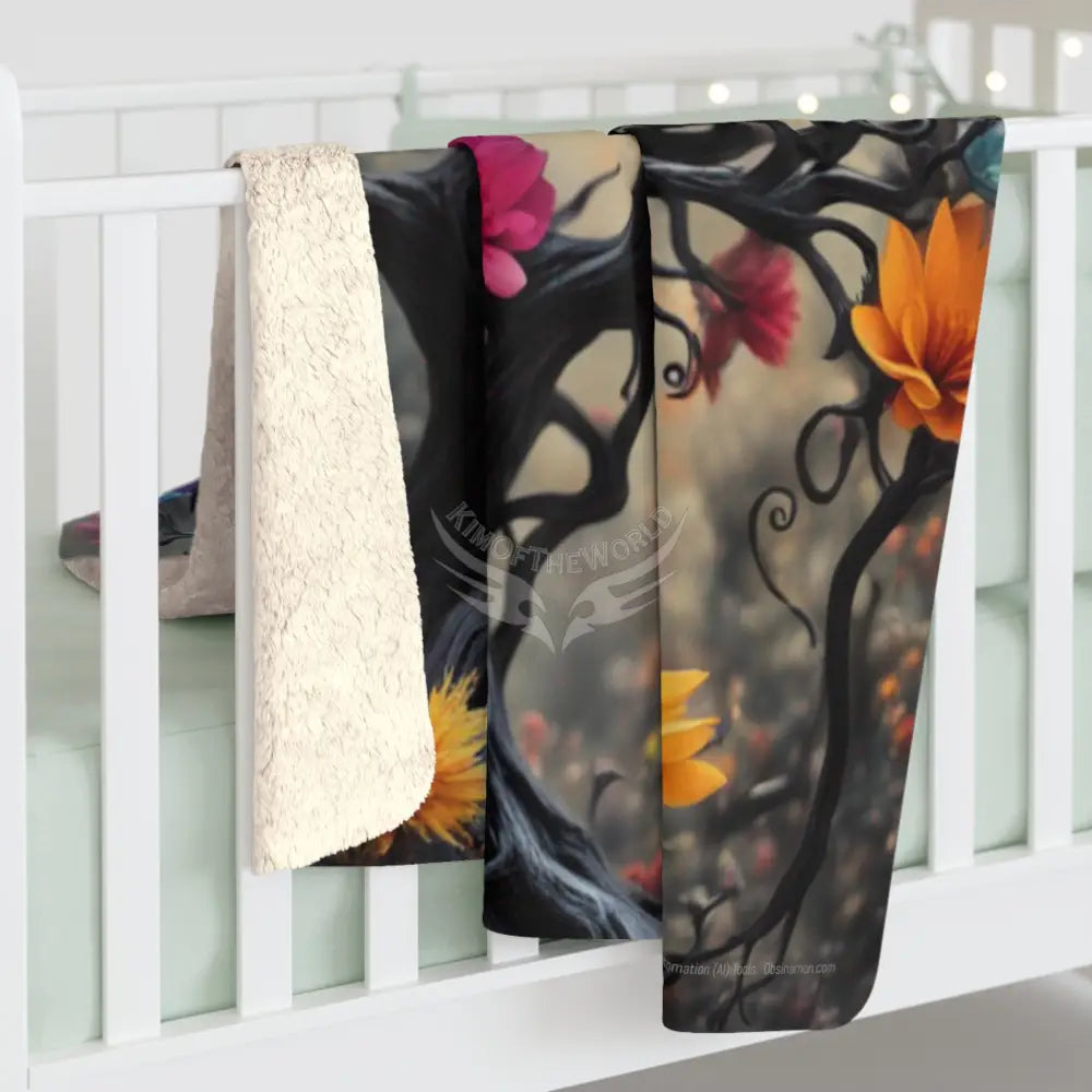 Floral Fantasy Tree Sherpa Blanket — Colorful Blossom Fleece Throw Home Decor