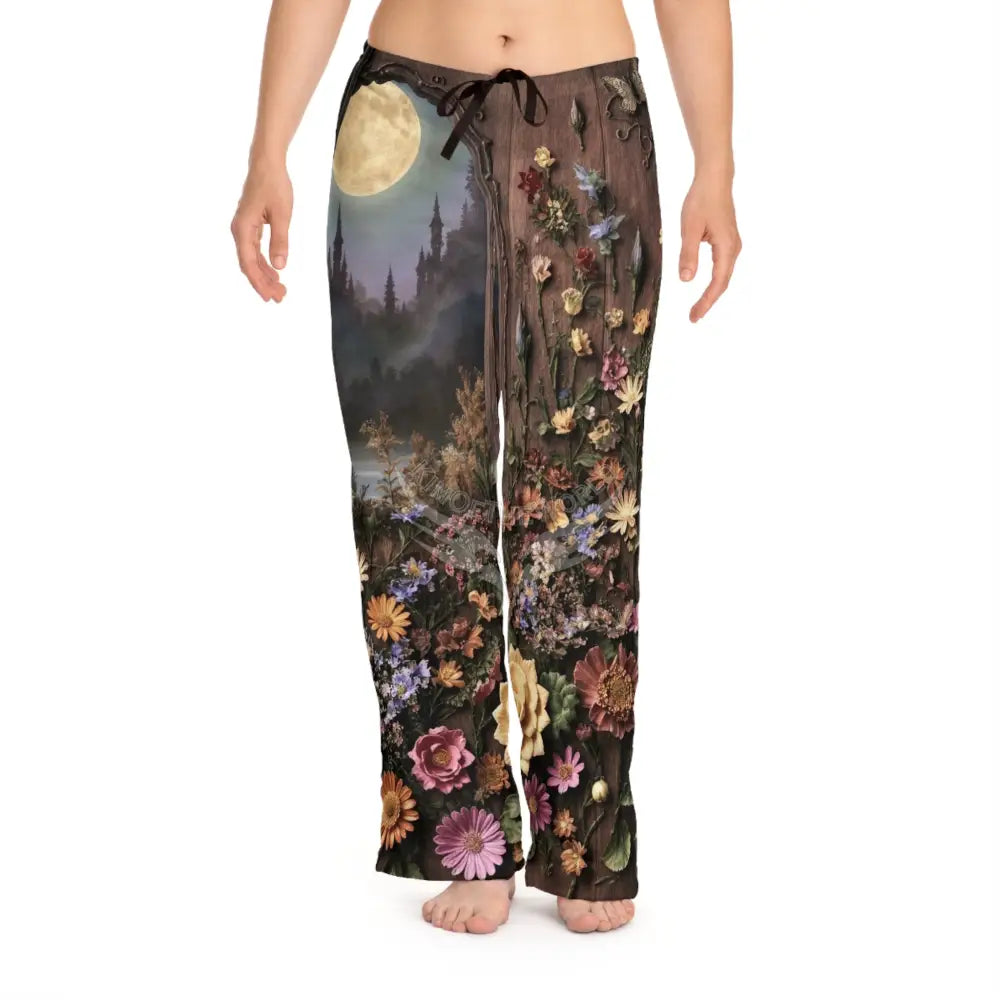 Floral Moonlight Pajama Pants — Women’s Cozy Sleepwear with Night Garden Print L / White stitching All Over Prints