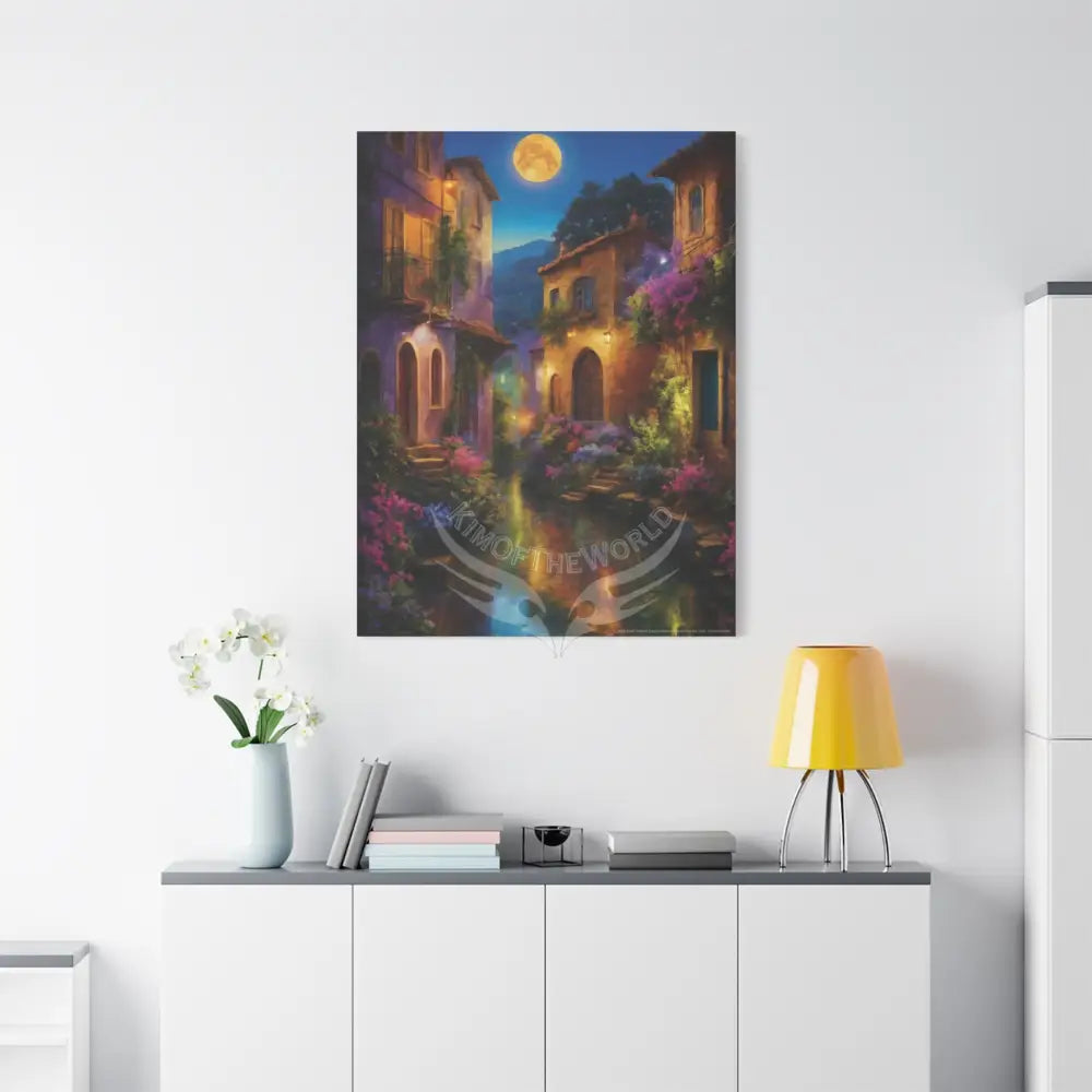 Floral Village Moonlit Reflections Fantasy Matte Stretched Canvas Wall Art Canvas