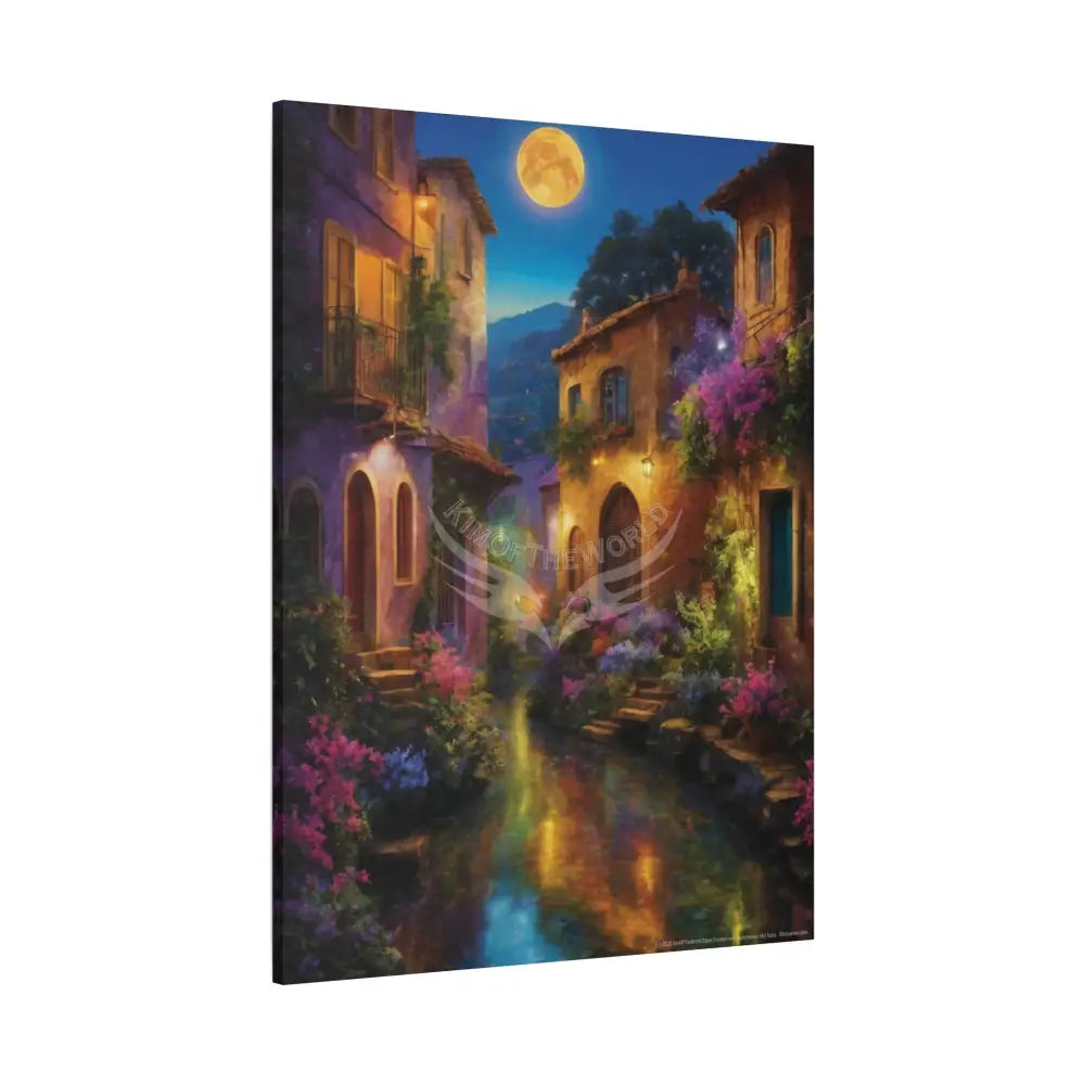 Floral Village Moonlit Reflections Fantasy Matte Stretched Canvas Wall Art Canvas