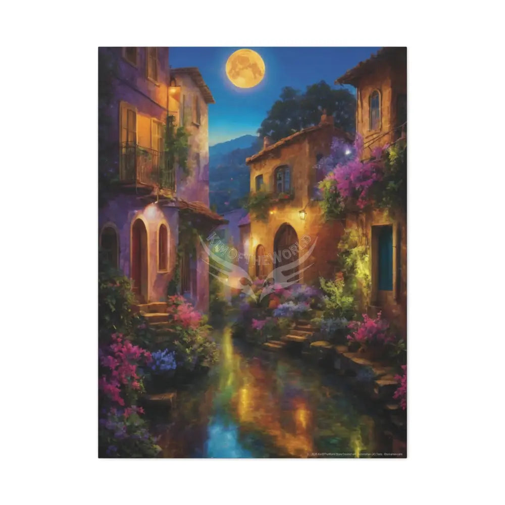Floral Village Moonlit Reflections Fantasy Matte Stretched Canvas Wall Art 30’’ x 40’’ (Vertical) / 1.25’’ Canvas
