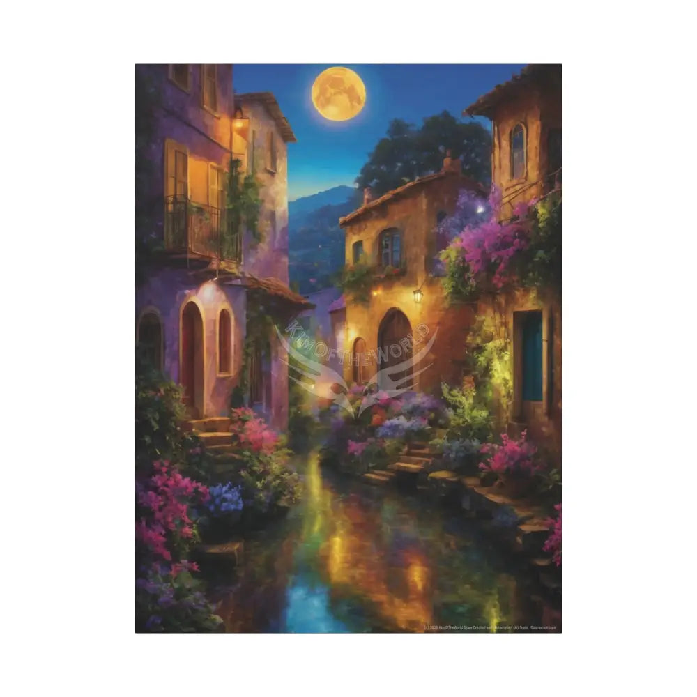 Floral Village Moonlit Reflections Fantasy Matte Stretched Canvas Wall Art 36’’ x 48’’ (Vertical) / 1.25’’ Canvas