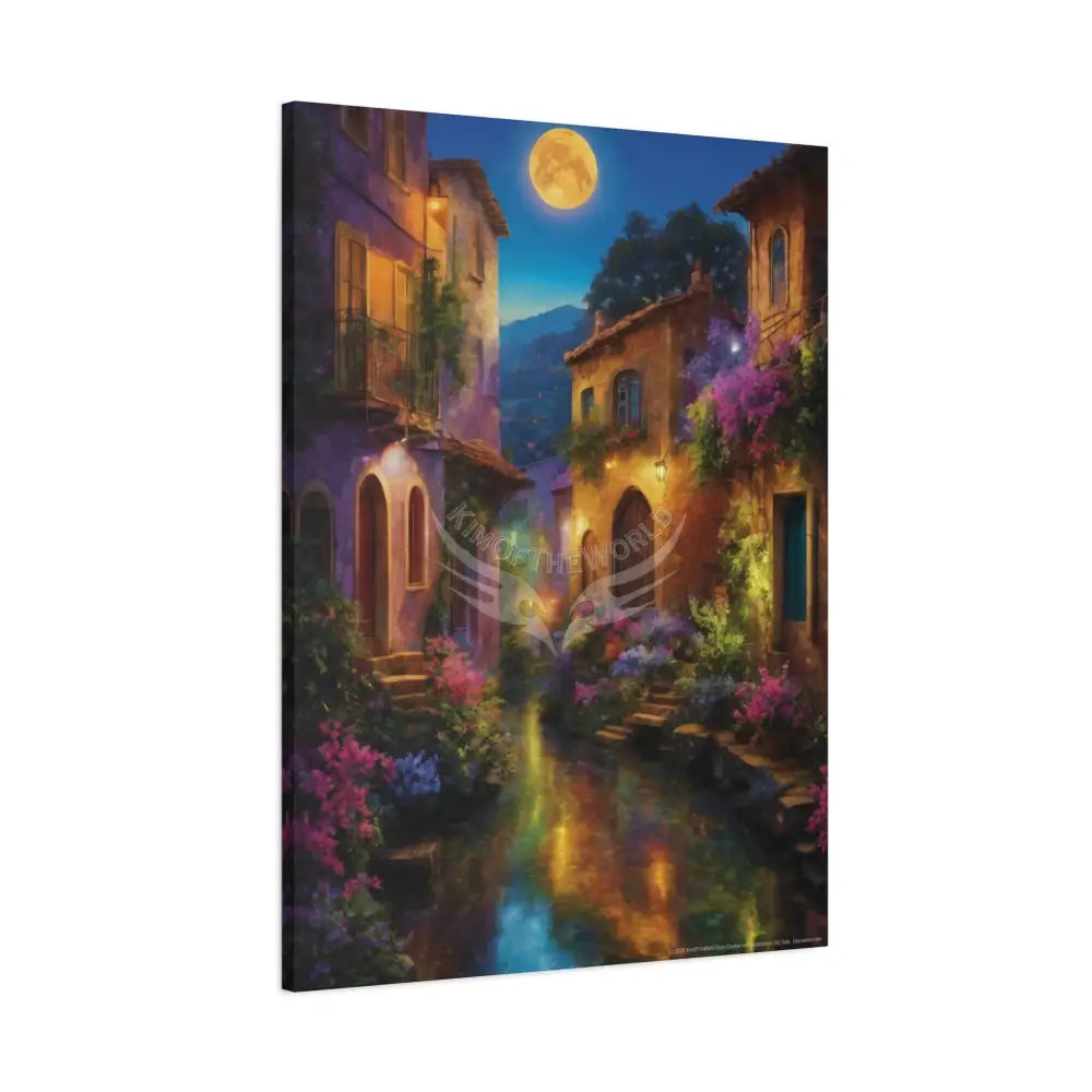 Floral Village Moonlit Reflections Fantasy Matte Stretched Canvas Wall Art Canvas
