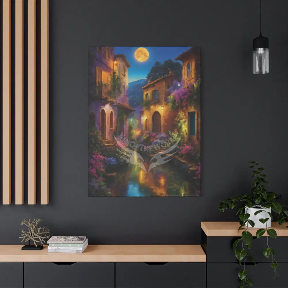 Floral Village Moonlit Reflections Fantasy Matte Stretched Canvas Wall Art Canvas