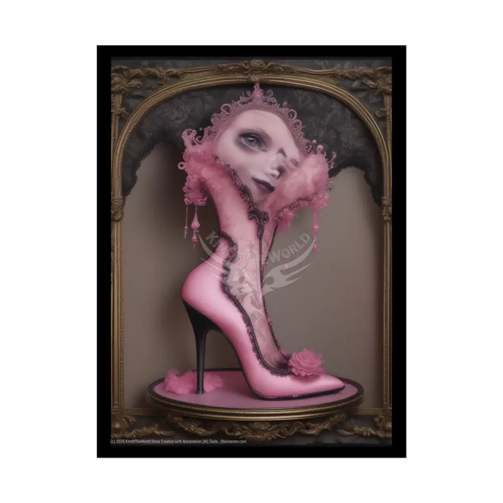 French Weird Lampshade & Stiletto Lace Heel Nightshade Fuchsia Pink & Black Design 18″ x 24″ (Vertical) / Semi Glossy