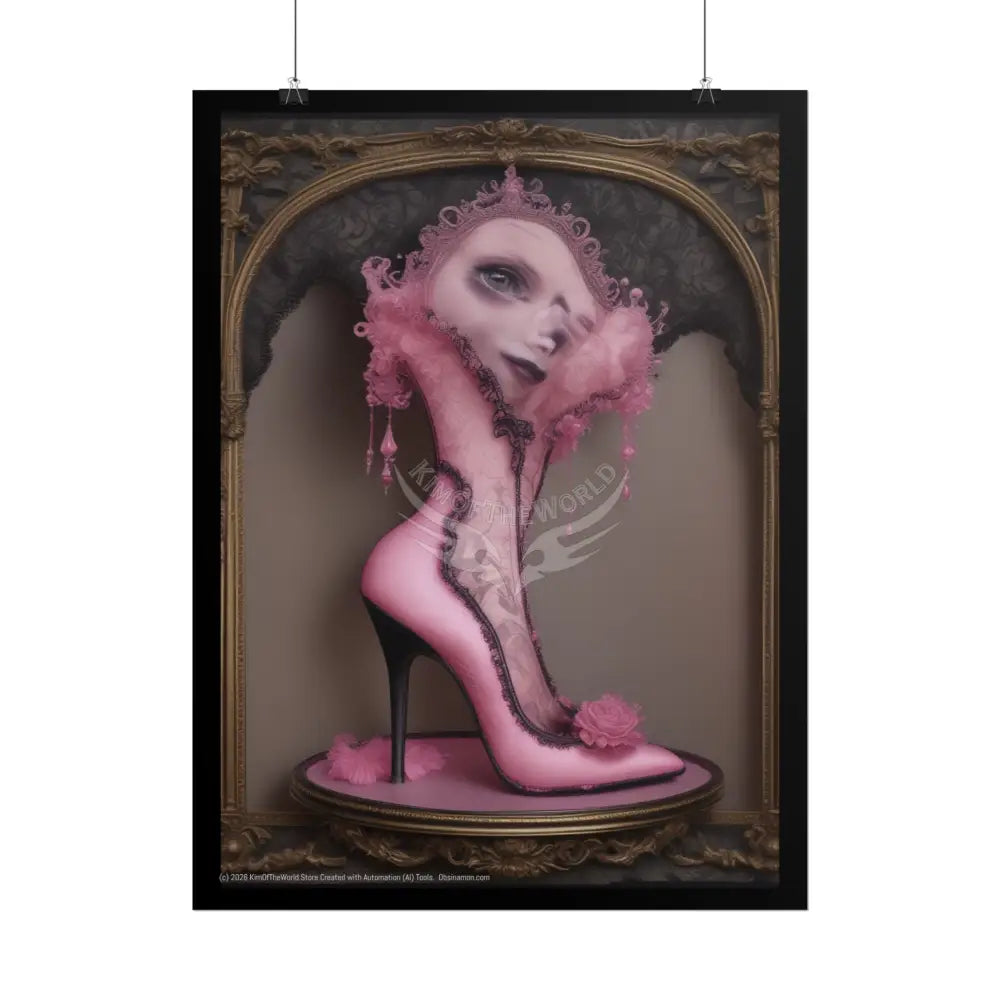 French Weird Lampshade & Stiletto Lace Heel Nightshade Fuchsia Pink & Black Design Poster