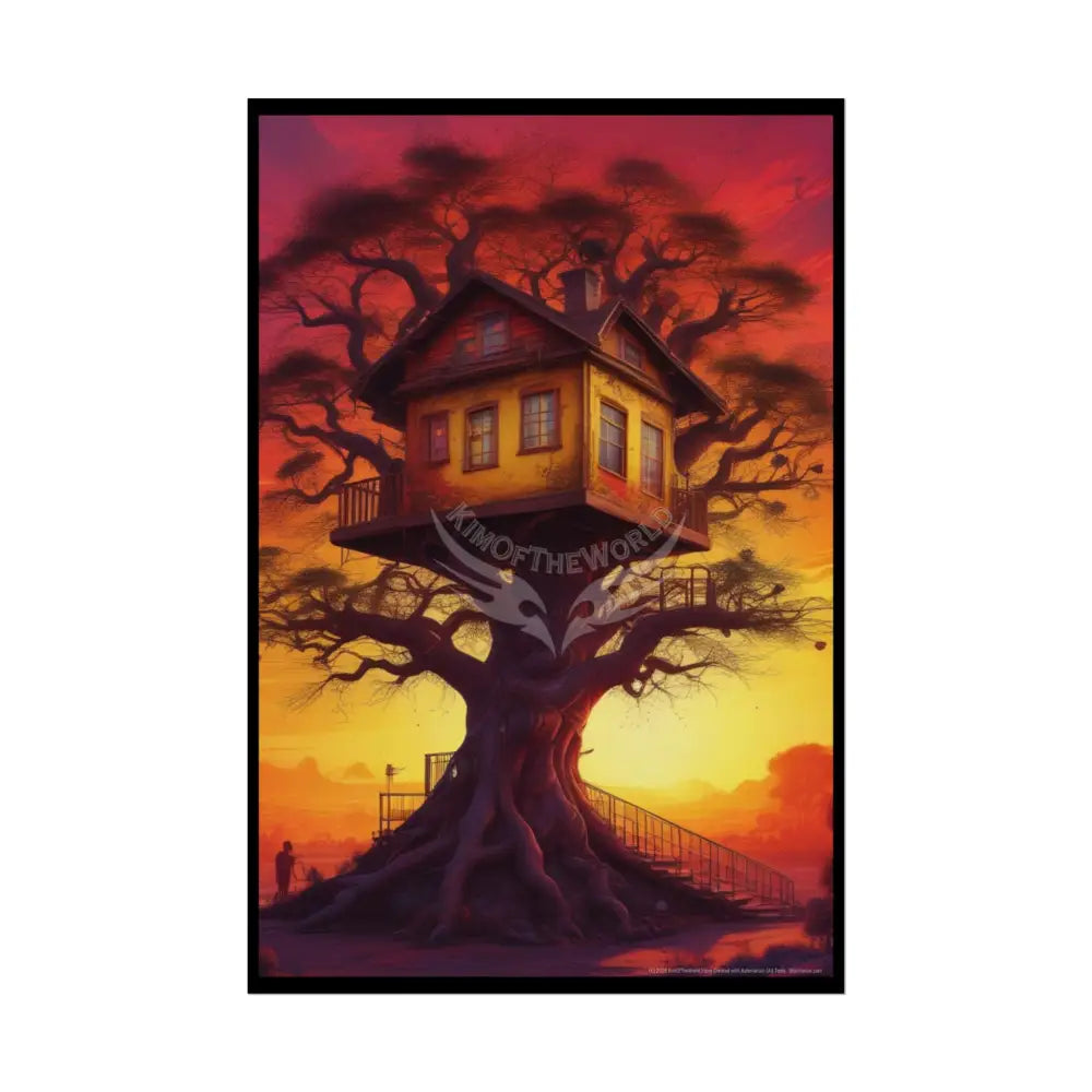 Fun Weird Synthwave Sunset Tree House Rolled Poster — Cool Whimsical Treehouse Art Print 20″ x 30″ (Vertical) / Semi