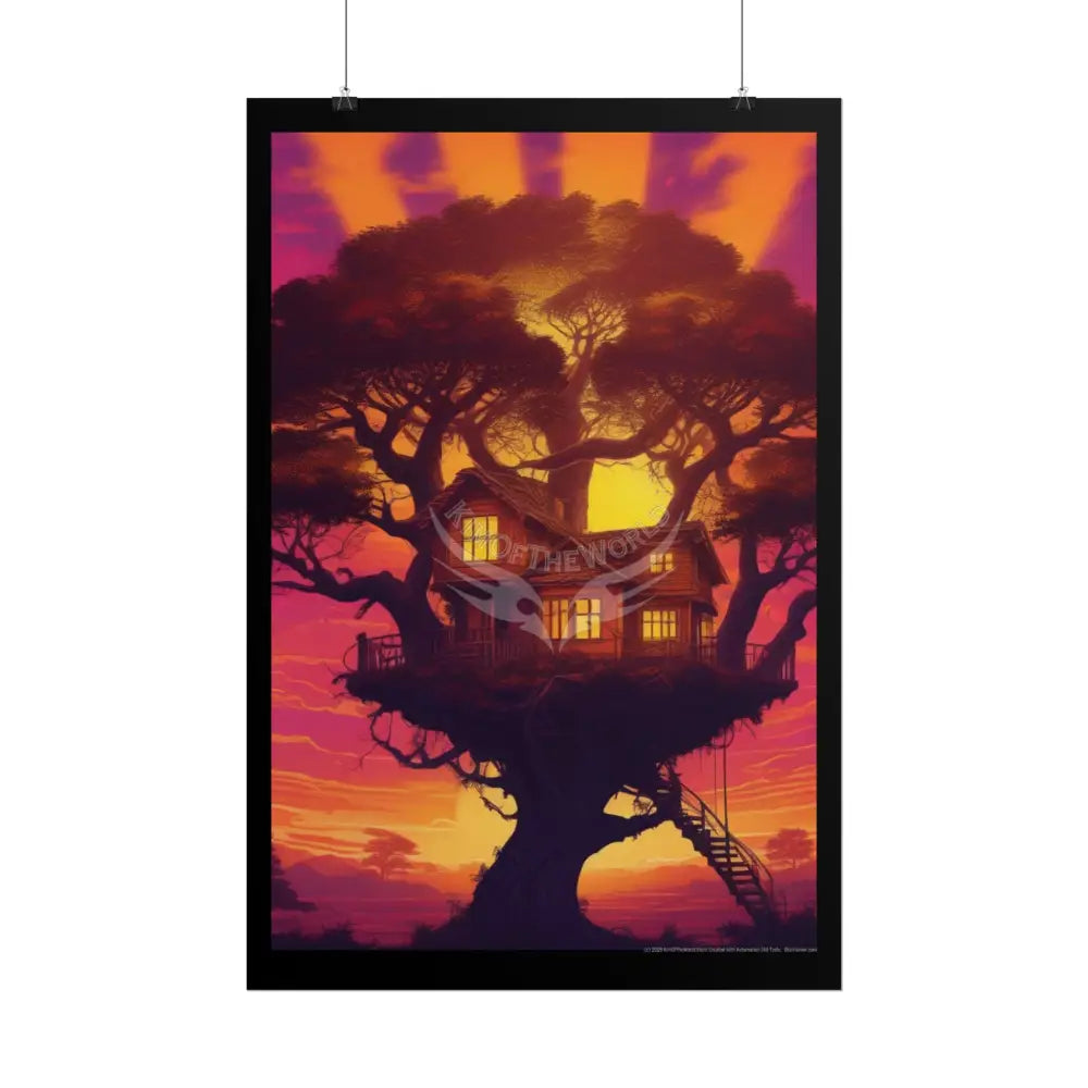 Fun Weird Synthwave Sunset Tree House Rolled Poster — Cool Whimsical Treehouse Art Print Poster