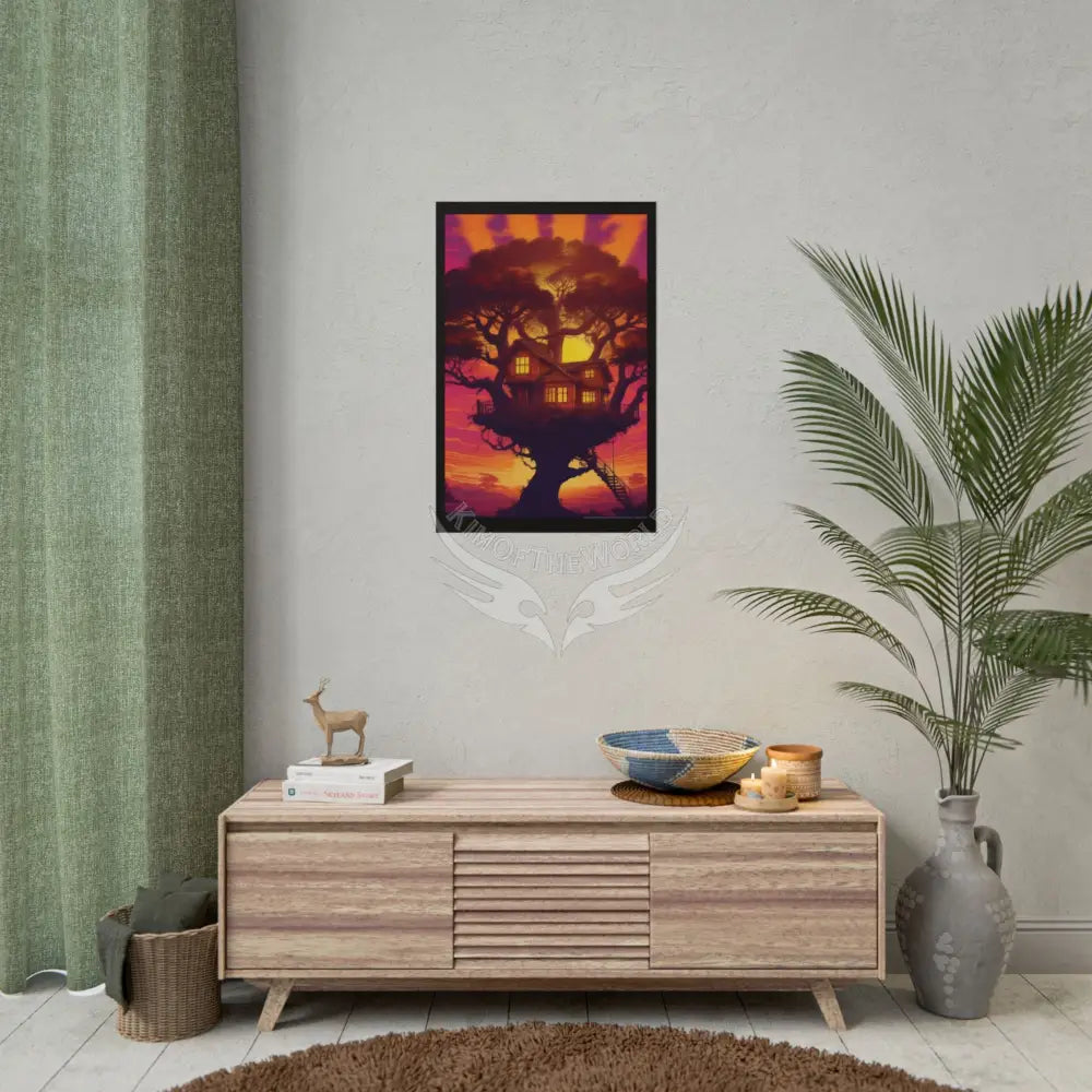 Fun Weird Synthwave Sunset Tree House Rolled Poster — Cool Whimsical Treehouse Art Print Poster