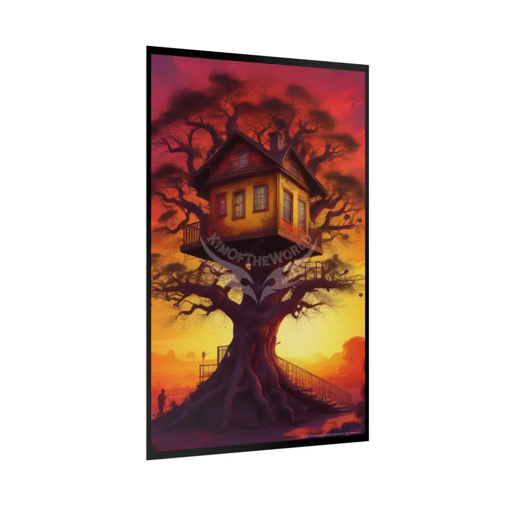 Fun Weird Synthwave Sunset Tree House Rolled Poster — Cool Whimsical Treehouse Art Print Poster