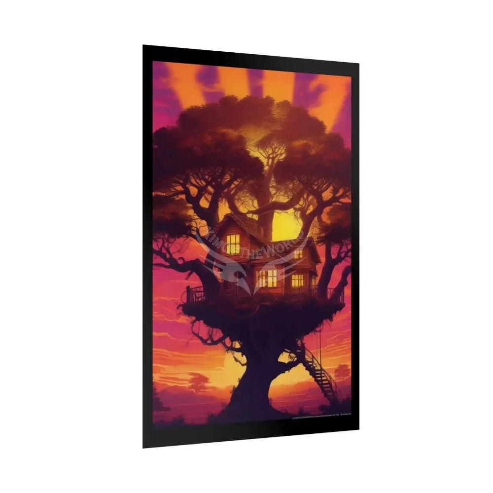 Fun Weird Synthwave Sunset Tree House Rolled Poster — Cool Whimsical Treehouse Art Print Poster