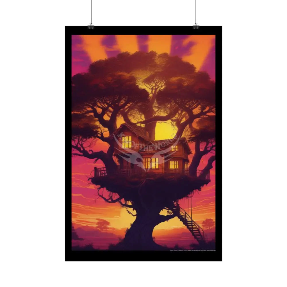 Fun Weird Synthwave Sunset Tree House Rolled Poster — Cool Whimsical Treehouse Art Print Poster