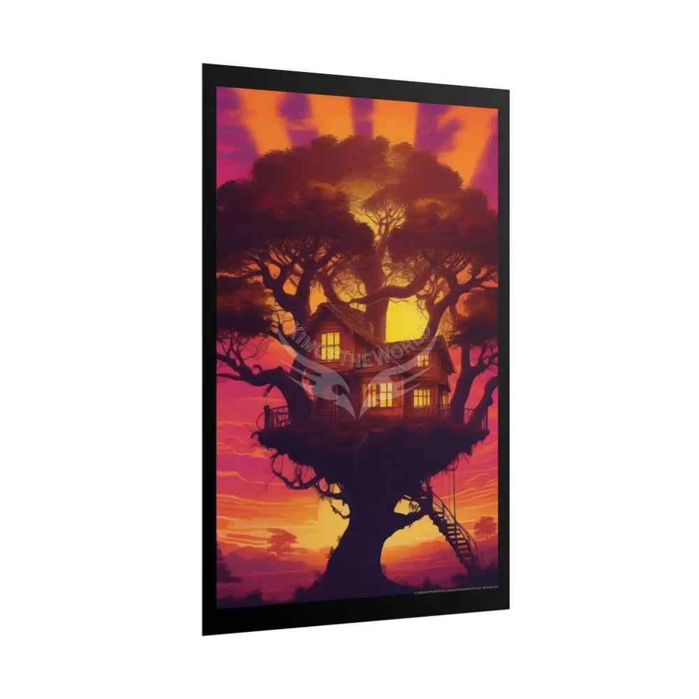 Fun Weird Synthwave Sunset Tree House Rolled Poster — Cool Whimsical Treehouse Art Print Poster