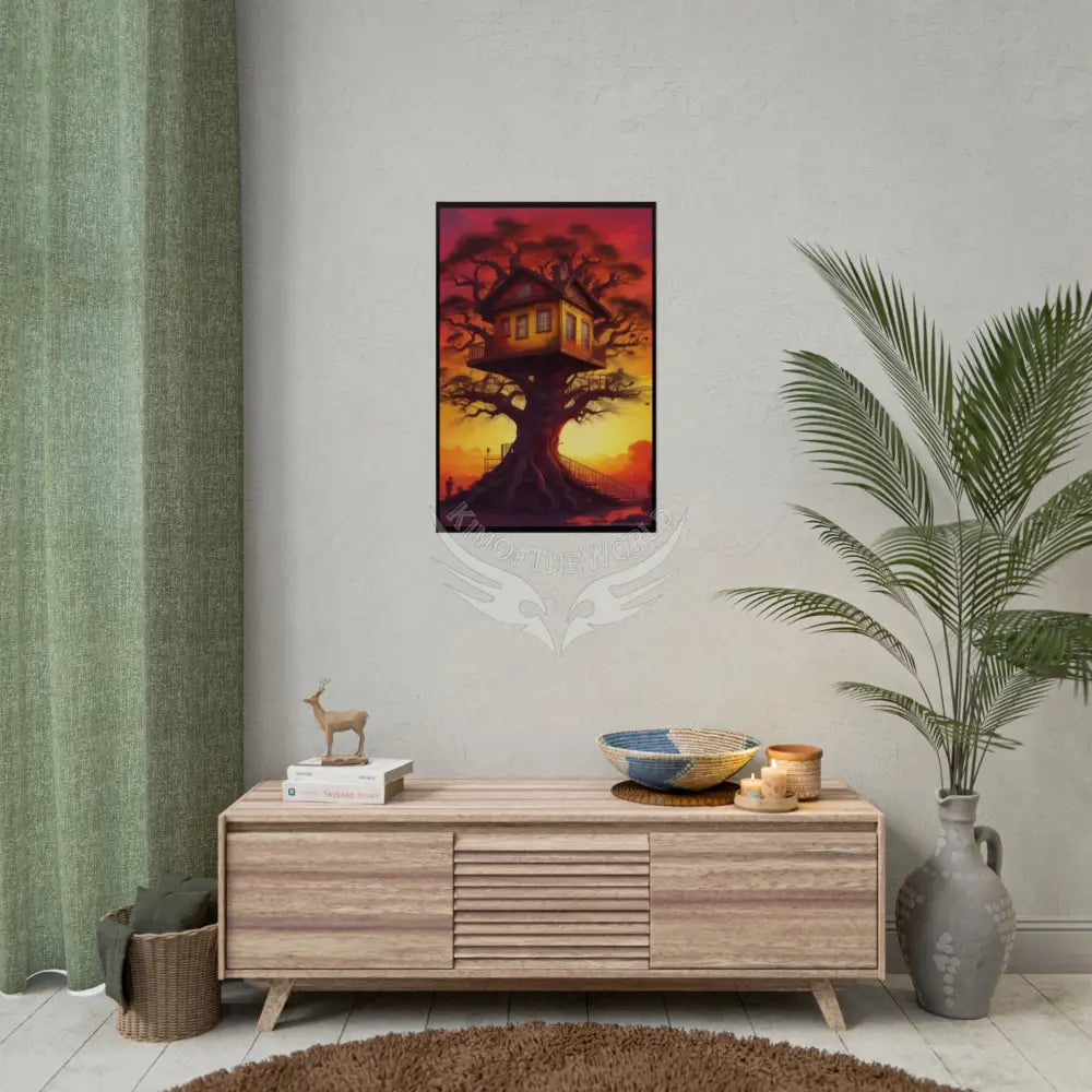 Fun Weird Synthwave Sunset Tree House Rolled Poster — Cool Whimsical Treehouse Art Print Poster