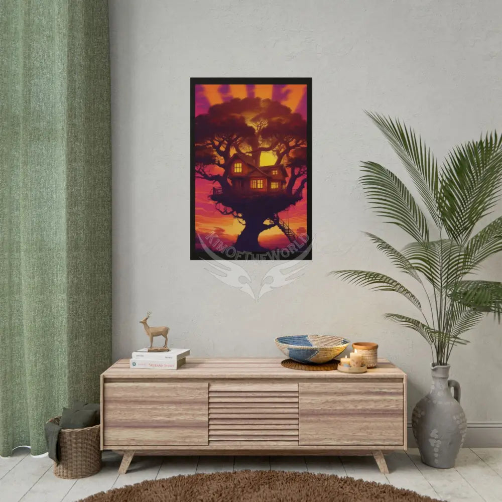Fun Weird Synthwave Sunset Tree House Rolled Poster — Cool Whimsical Treehouse Art Print Poster