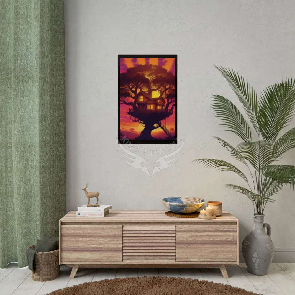 Fun Weird Synthwave Sunset Tree House Rolled Poster — Cool Whimsical Treehouse Art Print Poster