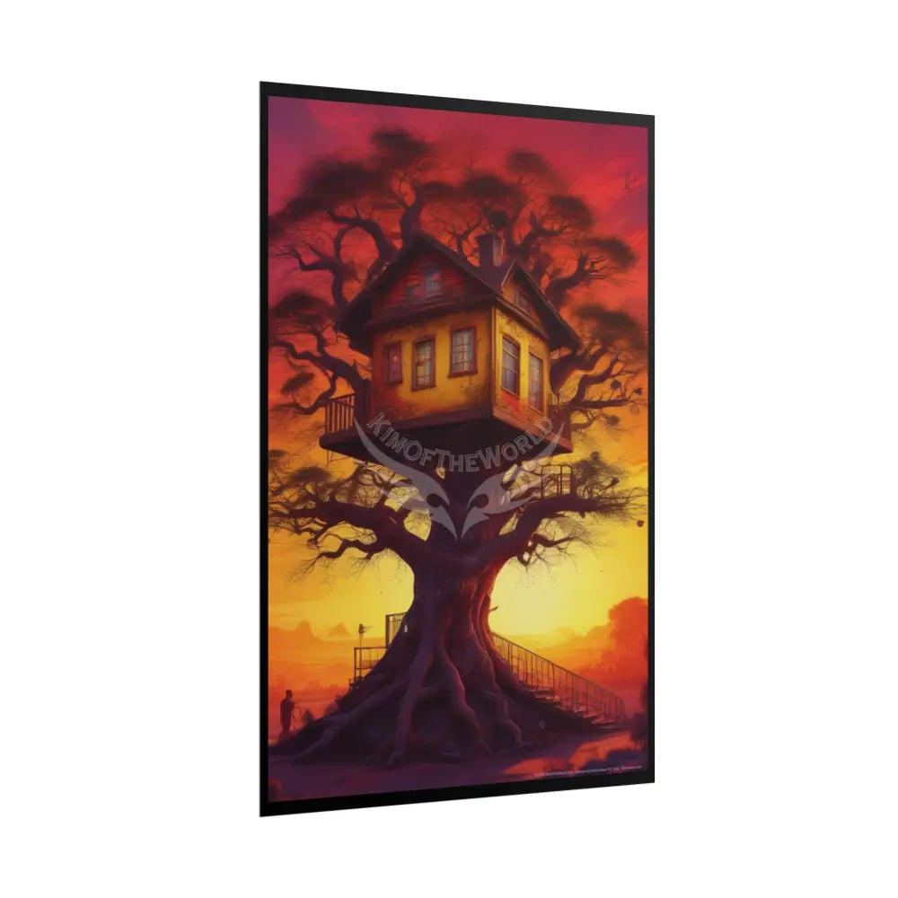 Fun Weird Synthwave Sunset Tree House Rolled Poster — Cool Whimsical Treehouse Art Print Poster