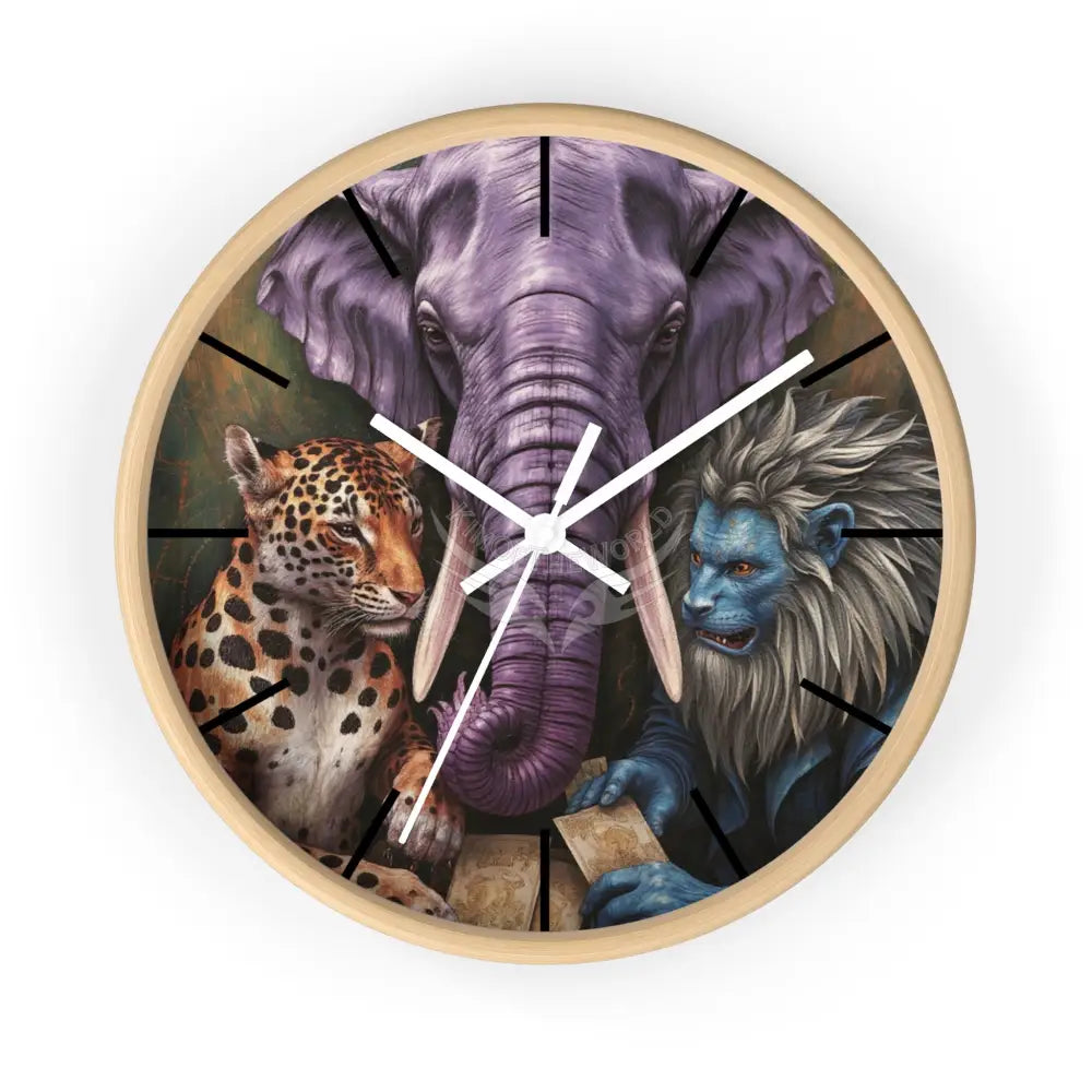 Funky Animal Poker Wall Clock — Colorful Creature Game Night Decor Wooden Base / White / 10’’ Home Decor