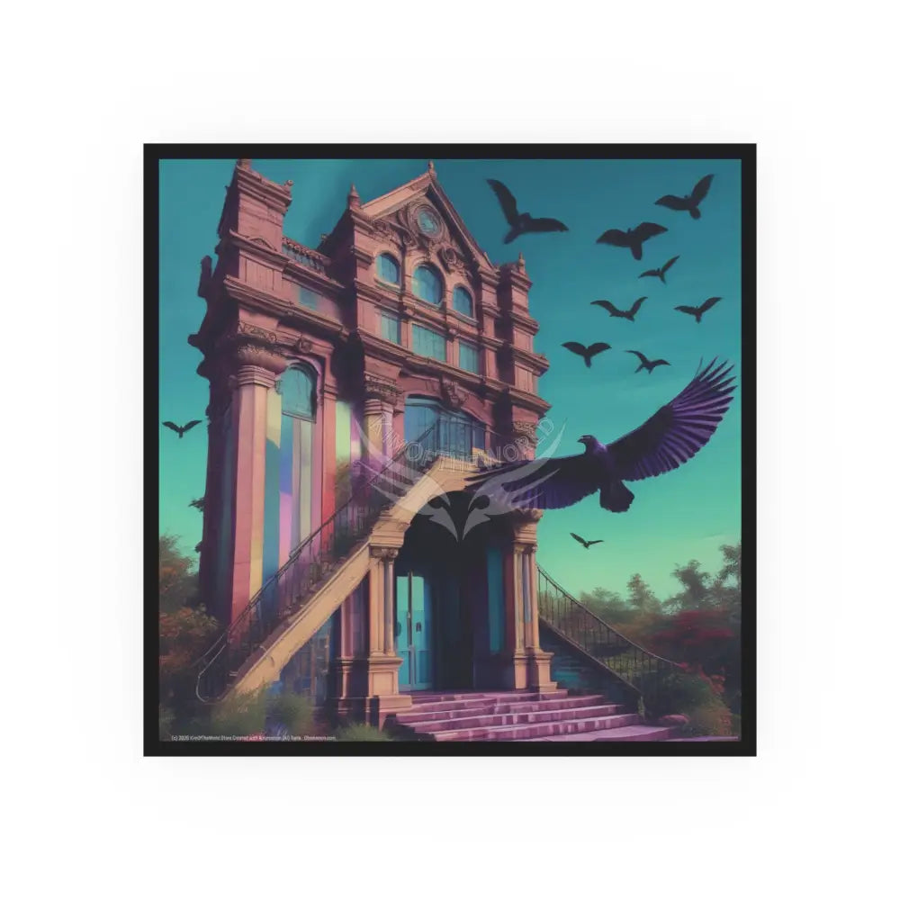 Funky Flat Architecture Building with Ravens Birds - Square Poster 12’’ x 12’’ / Matte Poster