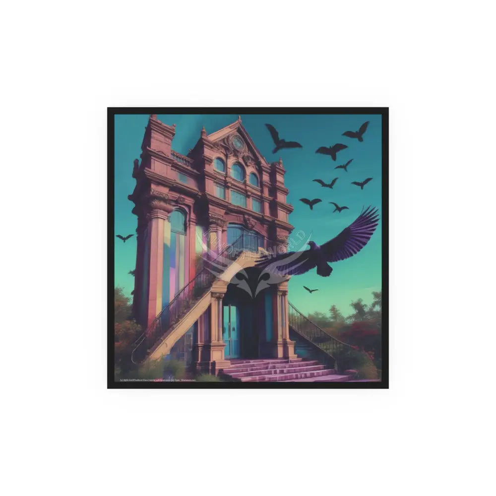 Funky Flat Architecture Building with Ravens Birds - Square Poster 20″ x 20″ / Matte Poster
