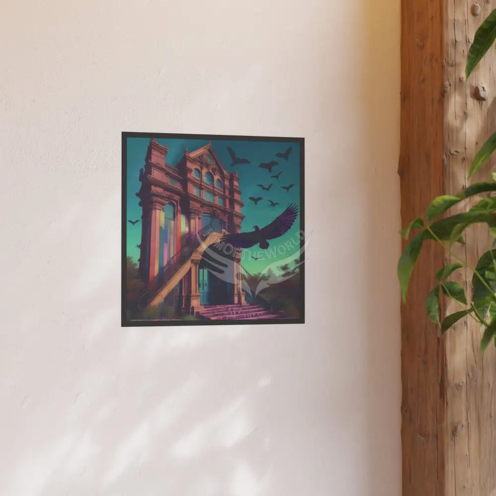 Funky Flat Architecture Building with Ravens Birds - Square Poster Poster
