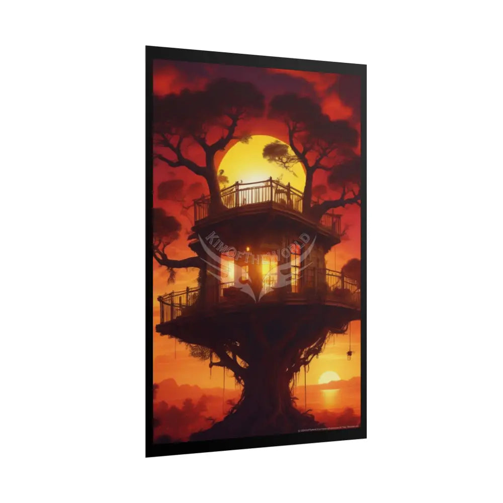 Funky Synthwave Sunset Tree House Rolled Poster — Cool Whimsical Treehouse Art Print Poster